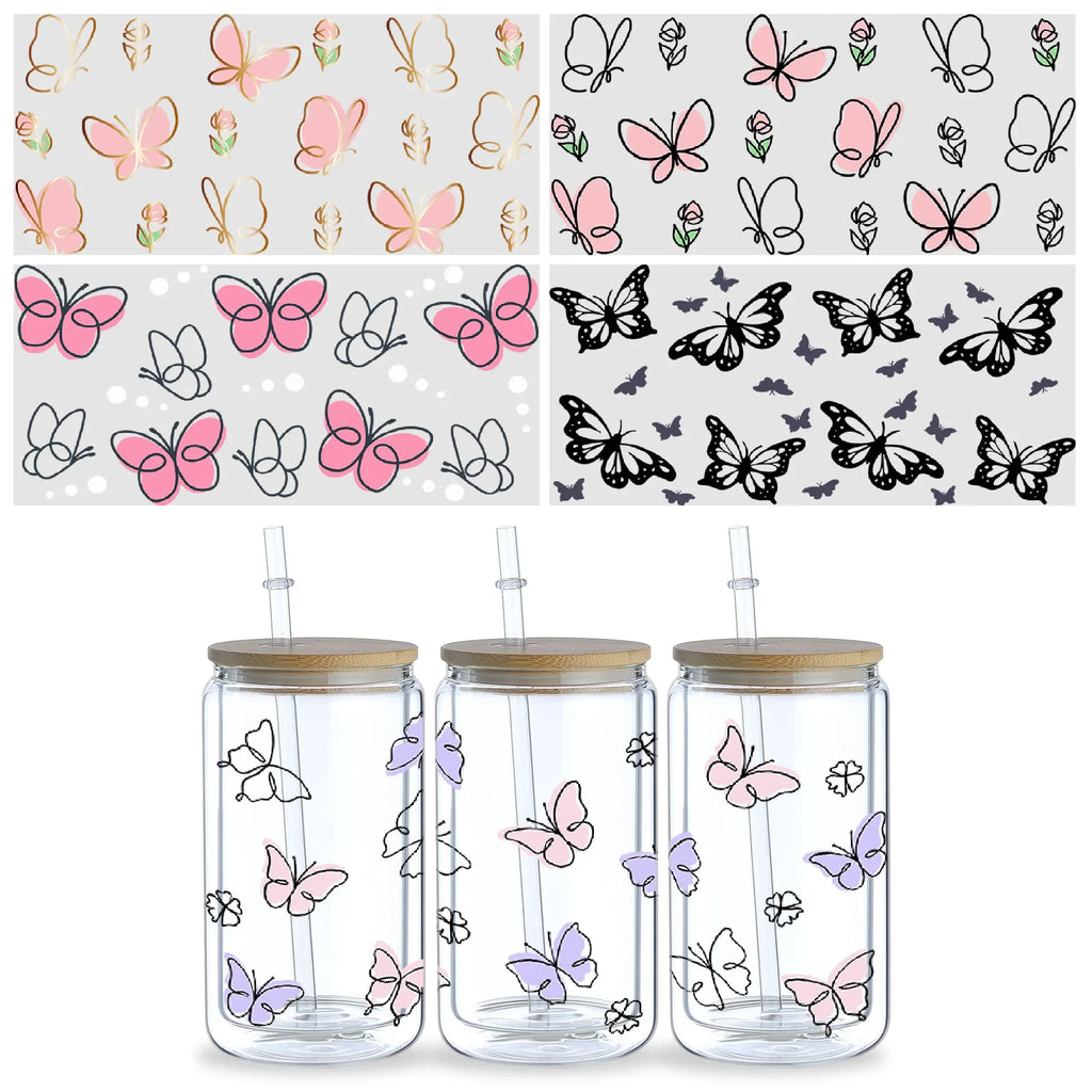 5 Sheets Butterfly UV DTF Cup Stickers, Glass DTF Transfer Stickers, Waterproof Wipe Transfer Paper for 16 oz Glass, Mugs，