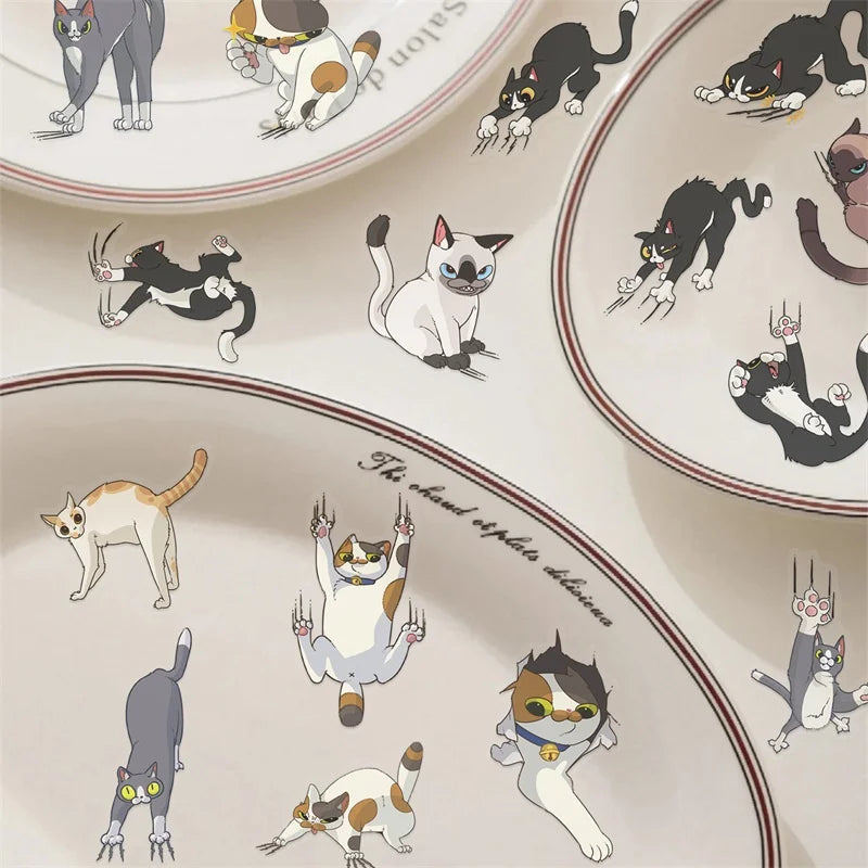 50PCS Cartoon Fierce Cat PET Sticky Sticker Aesthetic Tear Open DIY Decoration Scrapbooking Sketchbook Supplies for Kids