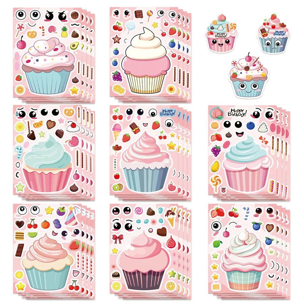 16/24PCS Cute Cartoon Paper Cup Cake Face Changing Stickers Notebook Decoration Waterproof Stationery Children Reward Stickers