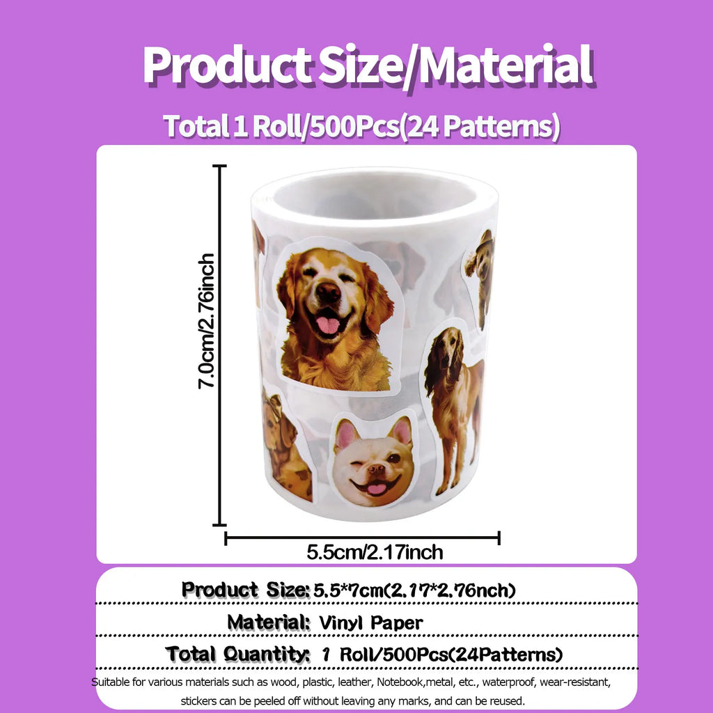 1Roll(500Pcs)24 Irregular Lovable Dogs Vinyl Waterproof Stickers Reusable/No Residue DlY Craft Decoration Pets Scrapbook Labels