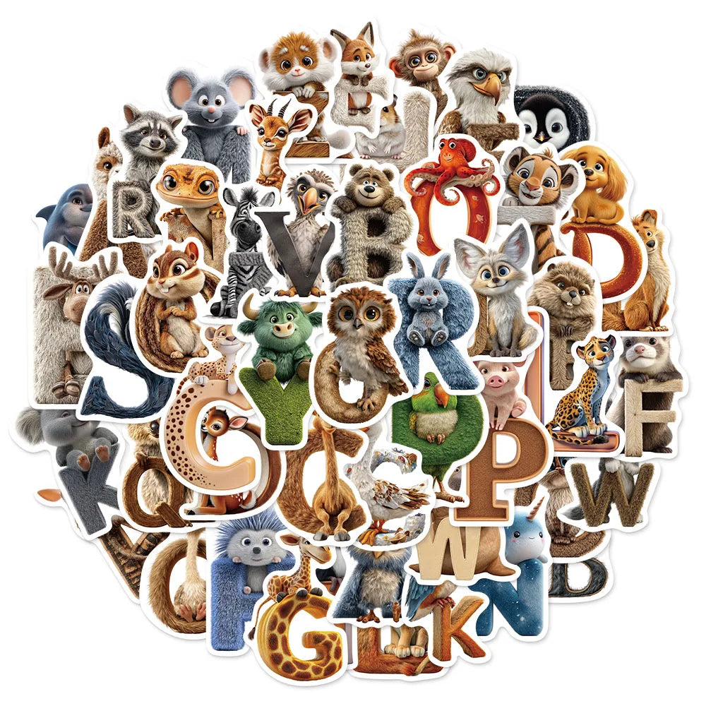 50PCS Cartoon Letter Animal Learning Reward Sticker Pack DIY Brochure Decoration Tablet Laptop Toy Stickers
