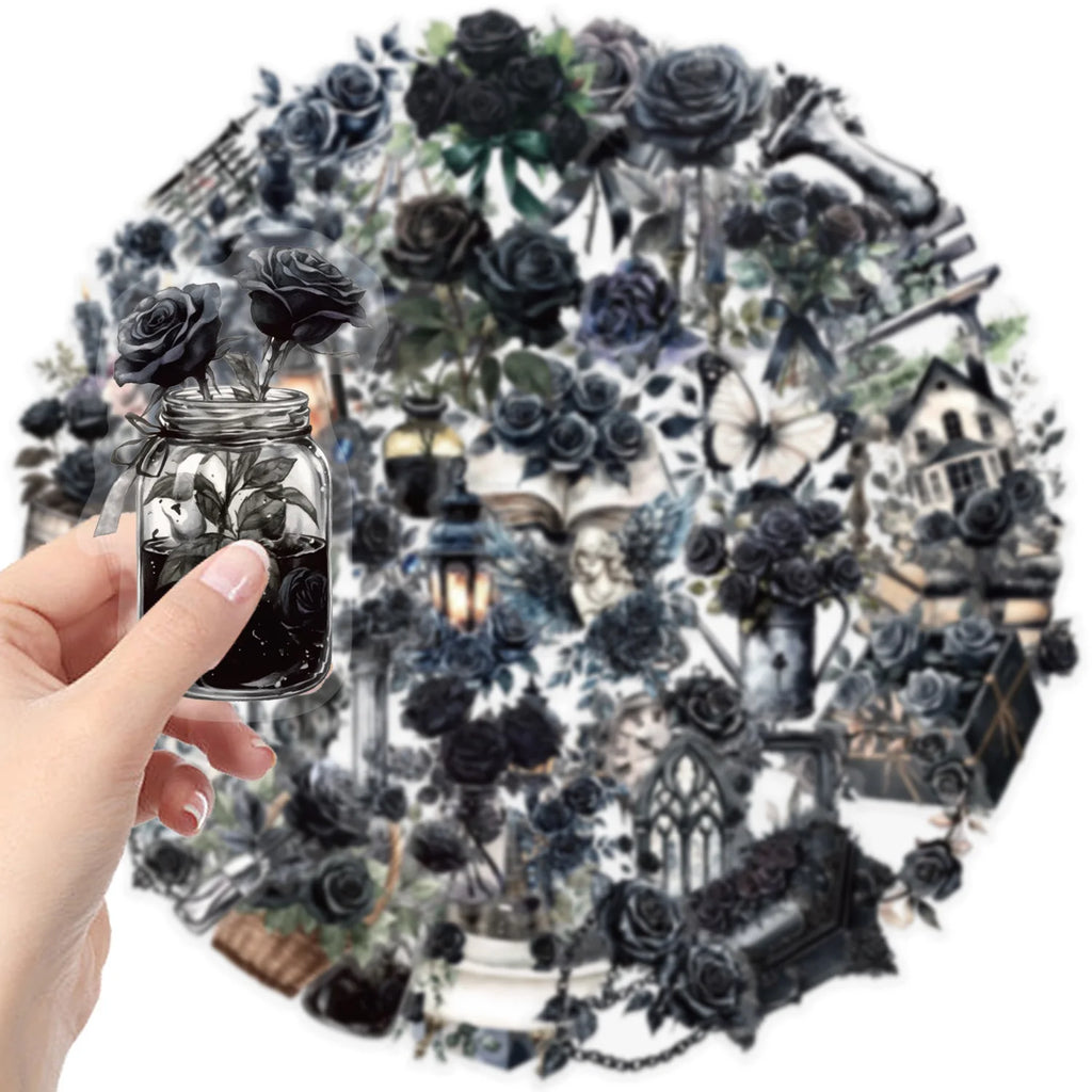 50Pcs Transparent Cartoon Dark Rose Sticker Pack Waterproof Transparent PET Bookkeeping Material Decorative Guitar Notebook