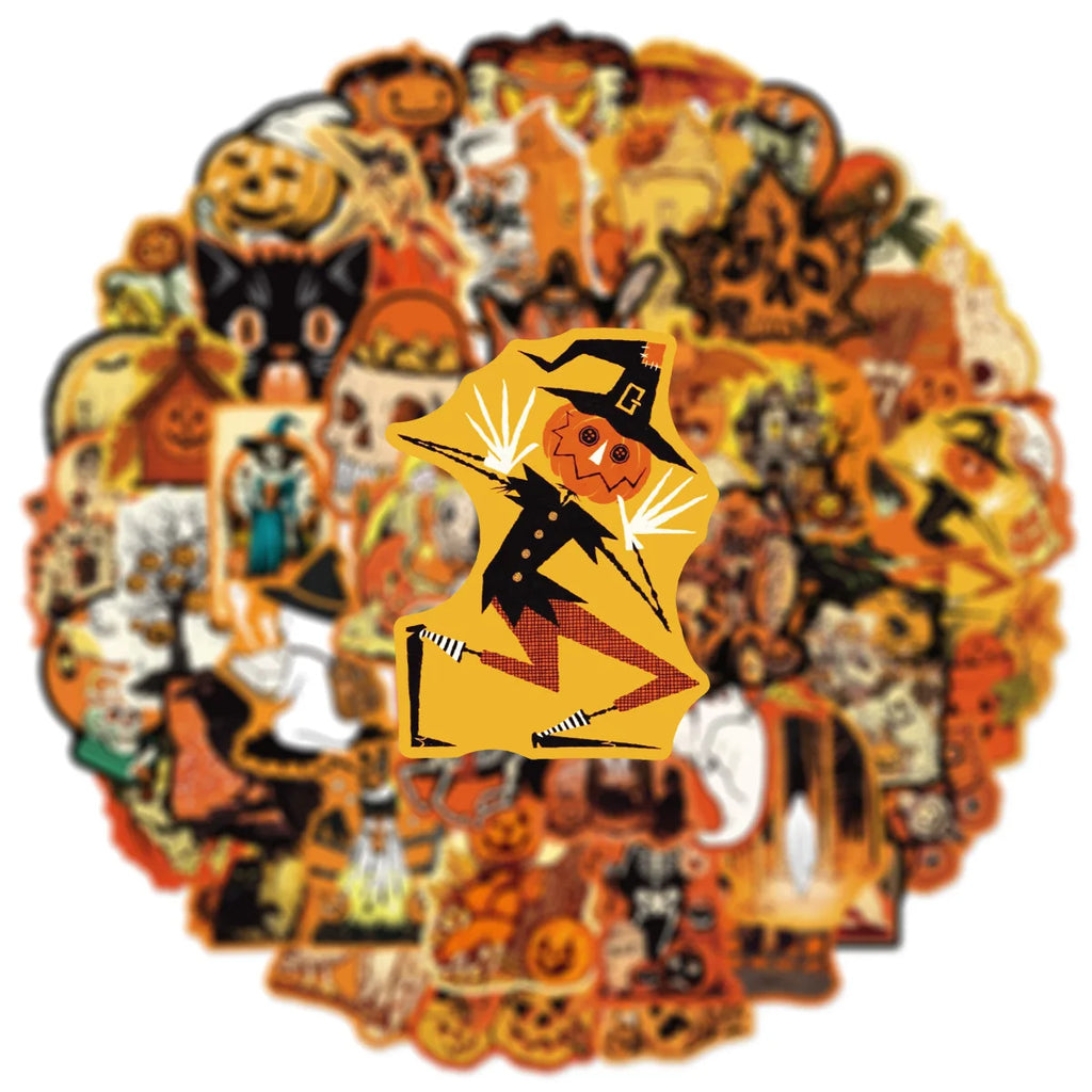 50PCS Retro Halloween Fun Graffiti Stickers Decorative Water Bottle Stationary Pumpkin Monster Waterproof Horror Stickers