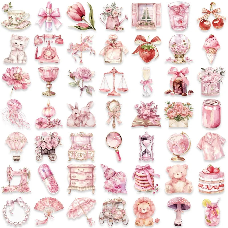 50PCS Cartoon Pink PET Sticky Sticker Aesthetic Korean Stationery DIY Decoration Scrapbooking School Supplies for Kids