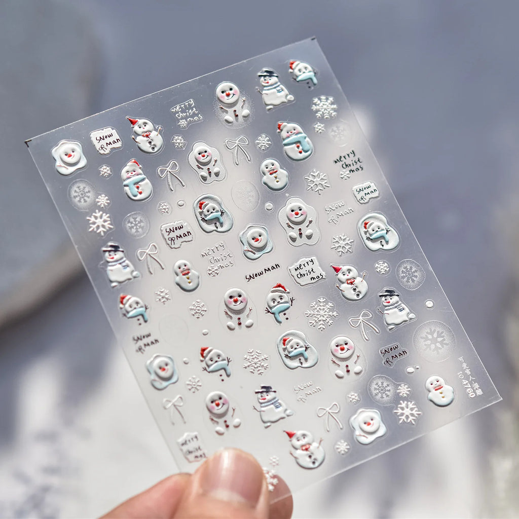 Cute Mini Snowman Nail Art Decorations Decals Stickers Merry Christmas Snowflake Bows Pattern Nails 3D Decorations Stickers DIY