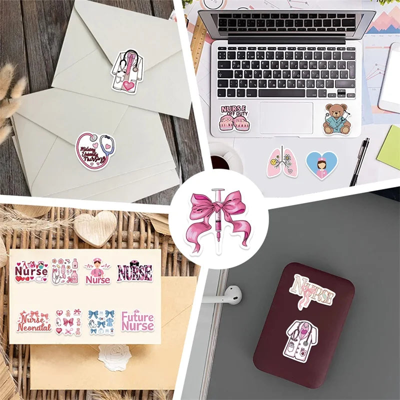 10/30/50PCS Cute Bow Tie Nurse Sticky PVC Sticker Aesthetic Stationery DIY Decoration Scrapbooking School Supplies for Kids