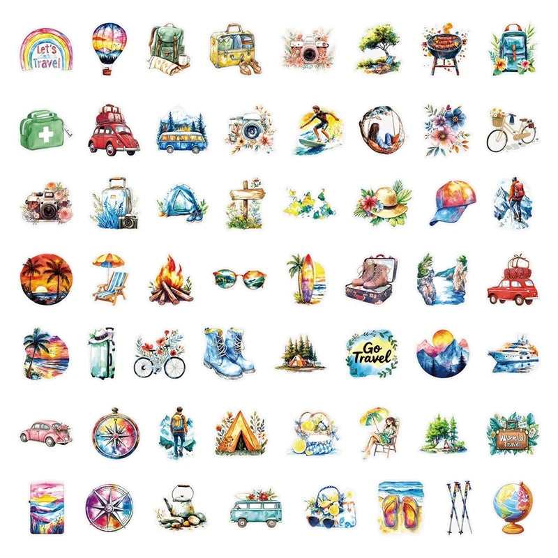 56PCS Beach Trip Transparent PET Phone Sticker Aesthetic Tear Open Decoration DIY Colored Laptop Luggage Graffiti Decals