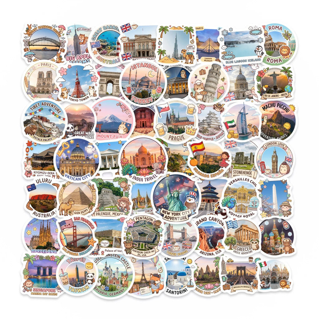 50/100 Pcs Cartoon World Landmark Architecture Travel Stickers DIY for Suitcase Diary Scrapbook File Holder Helmet Thick Decals