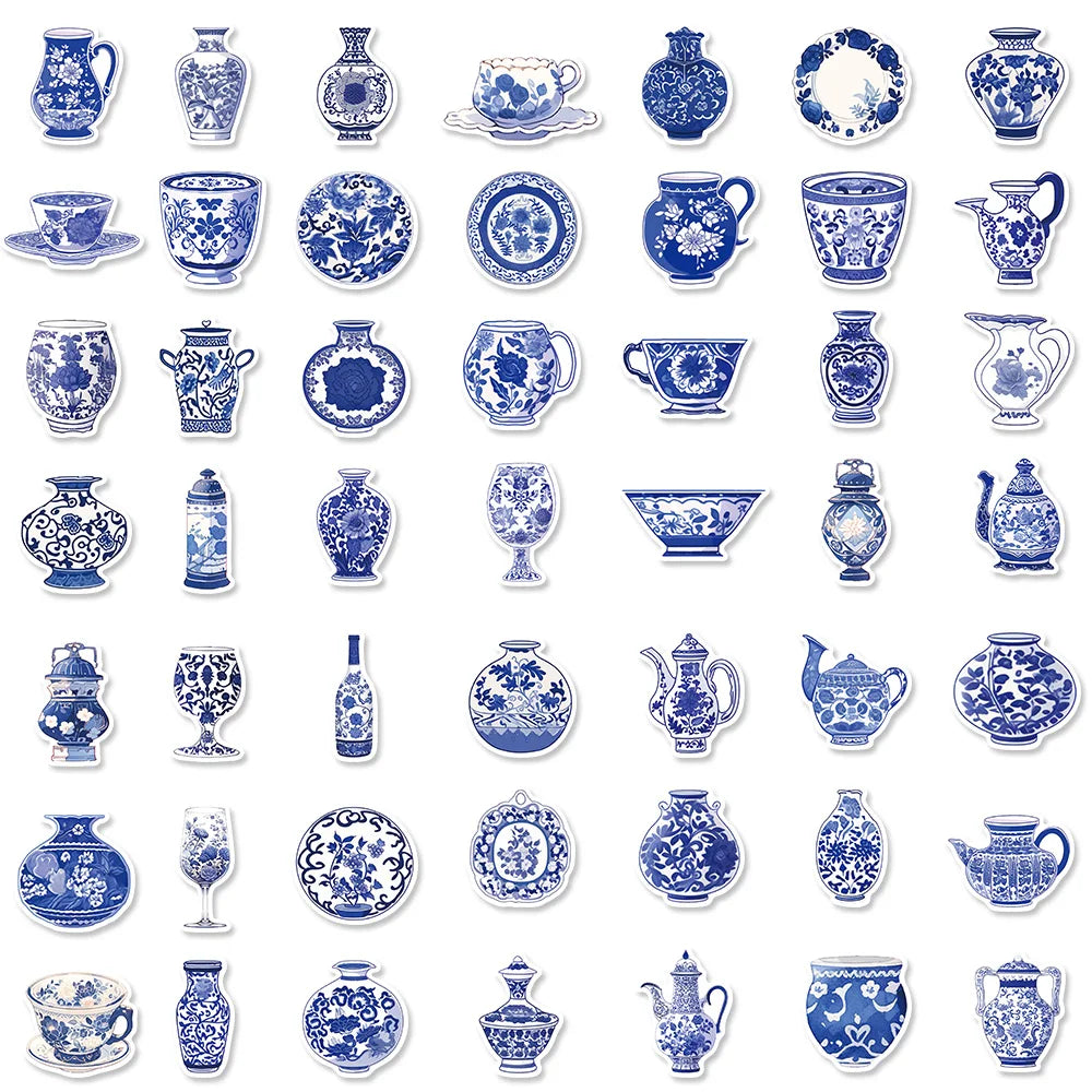50PCS Blue And White Porcelain Chinese Style Stickers Notebook Cartoon Laptop Graffiti Luggage Classic Phone Skateboard Sticker