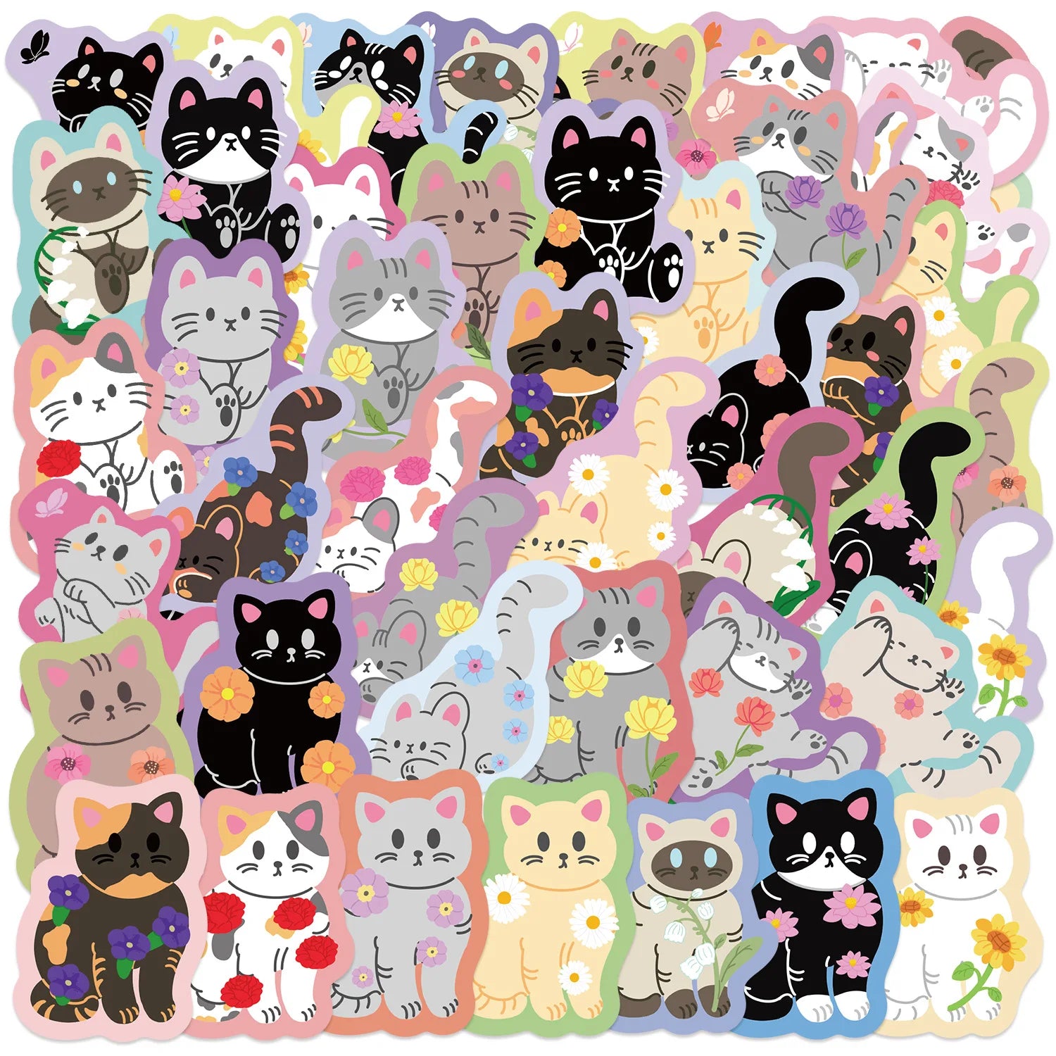 50/100PCS Colorful Edge Flower Cat Cartoon Image Graffiti Stickers Trolley Box Diary Waterproof Stationery Decorative Sticke