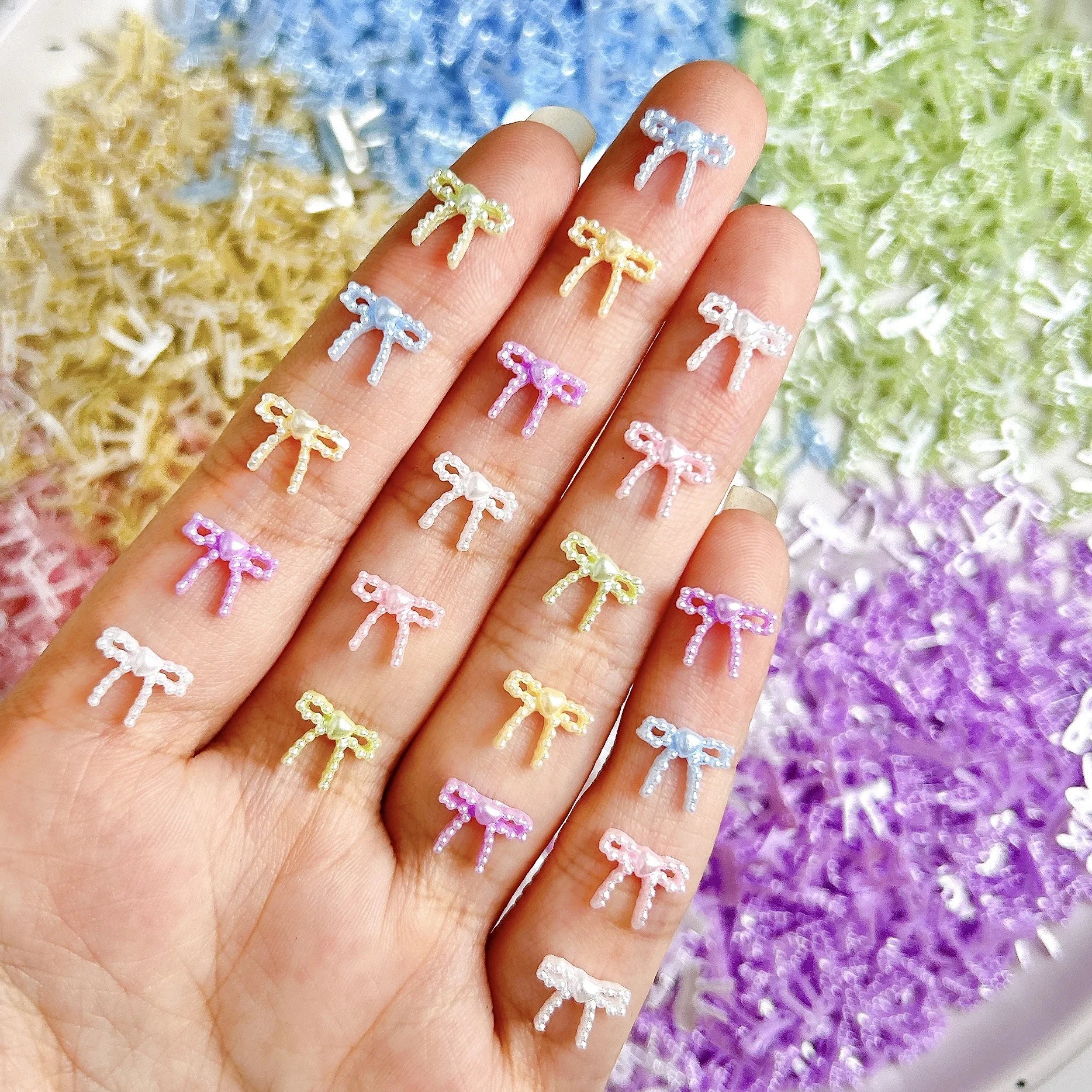 20pcs Mini Nail Charms Trendy Bow and Pearl Love Heart Nail Art Accessories Multi Colors Ribbon Bow ties Resin Nails Decoration