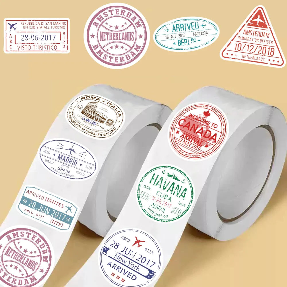 500PCS Passport Stamps Roll Sticker Suitcase Bicycle Notebook Scrapbook Motorcycle PVC Classic Classic Guitar Wall Decor Sticker