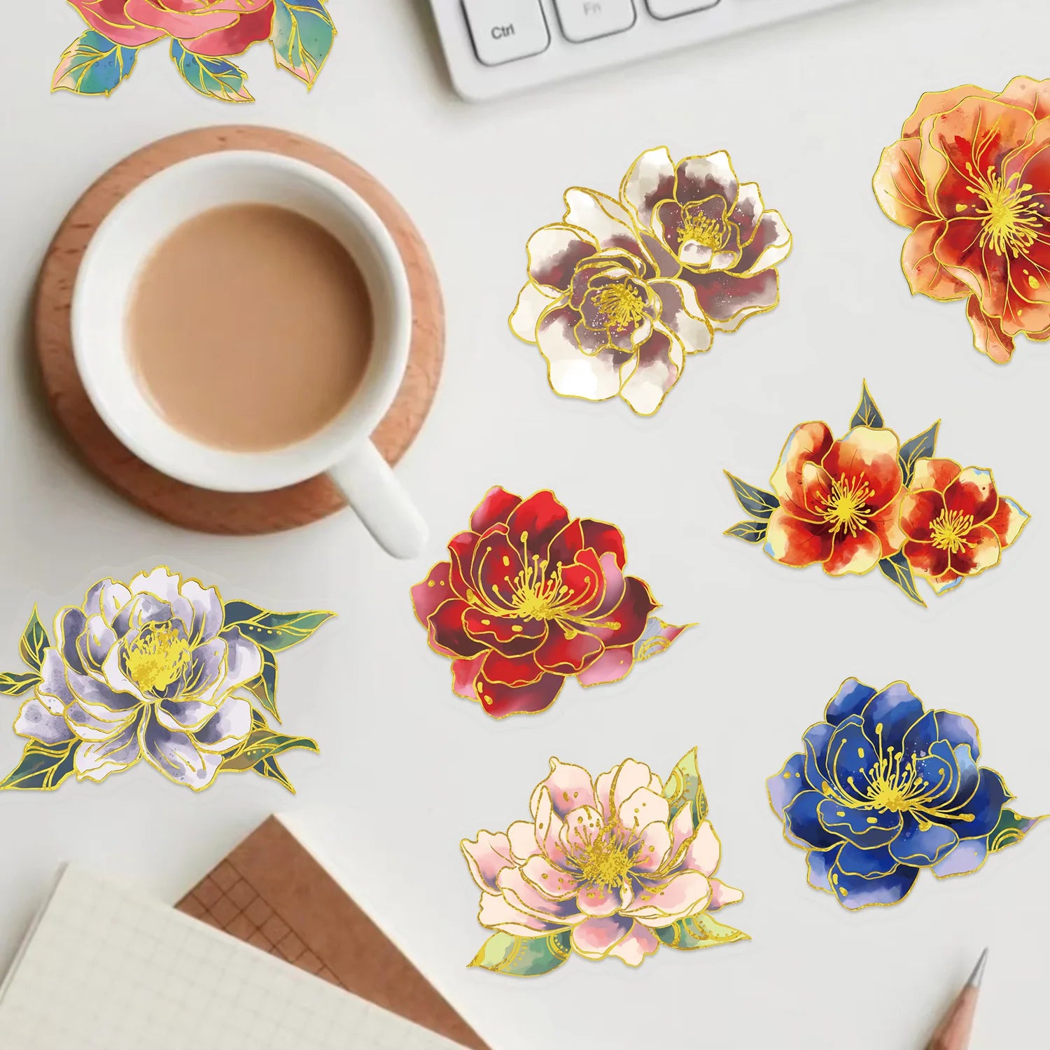 50PCS Hot Stamping Elegant Floral Stickers Transparent PET Water Bottles Luggage Decoration Stationery Notebook Stickers