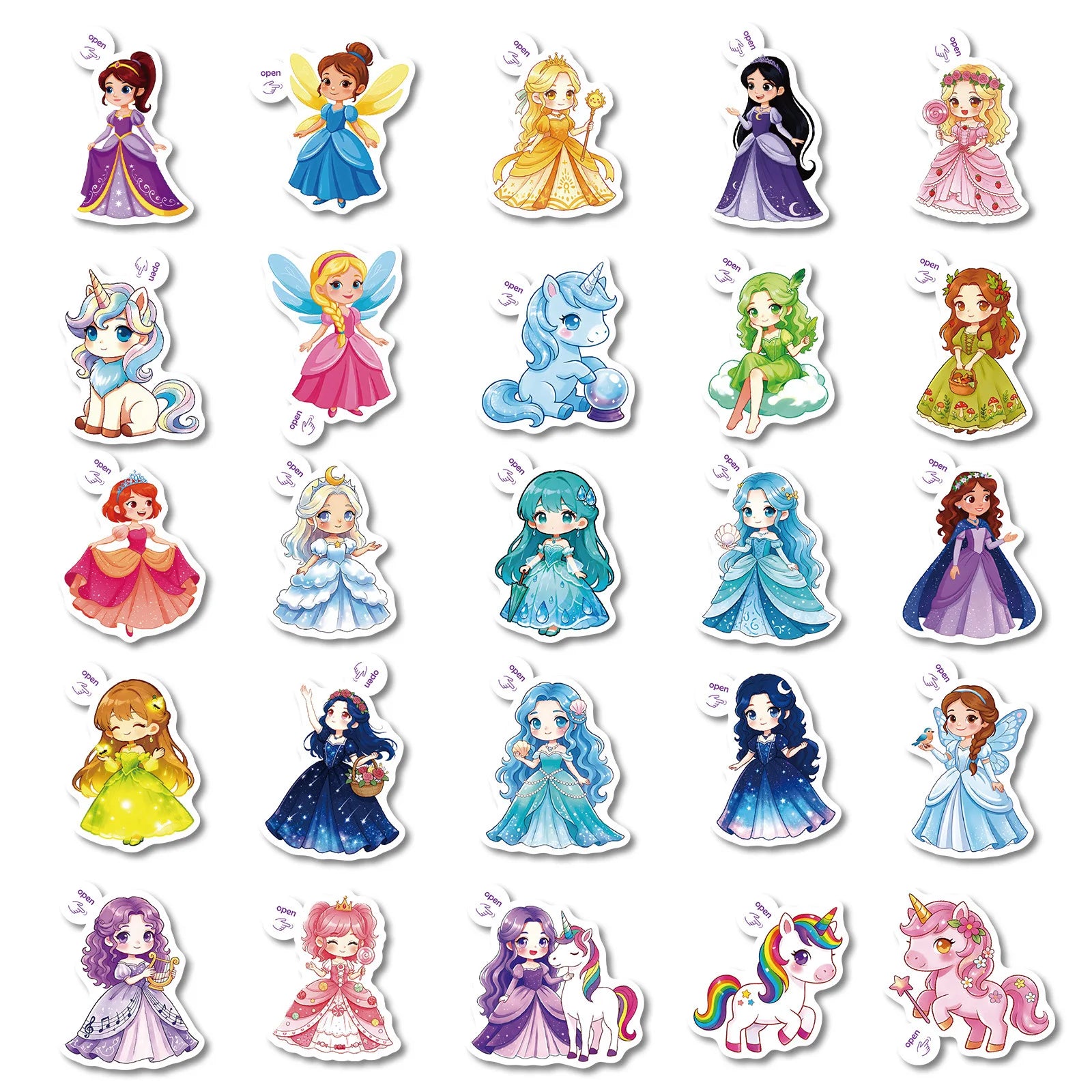 50/100 Pcs Cartoon Princess Dress Theme Stickers for Laptop Scrapbook Phone Case Thermos Toy Shelf File Holder Removable Decals