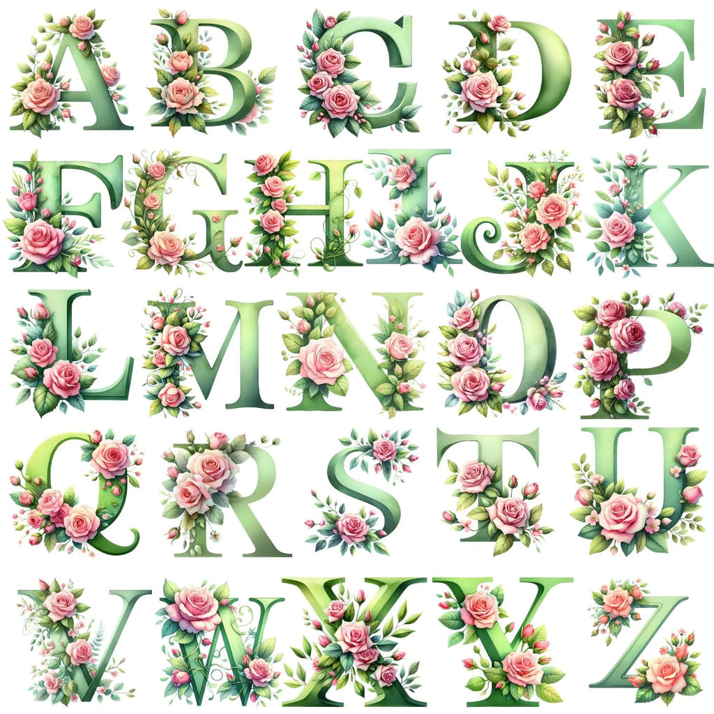 1 set of A~Z letter flower UV DTF transfer stickers, waterproof wipe transfer stickers, suitable for glasses