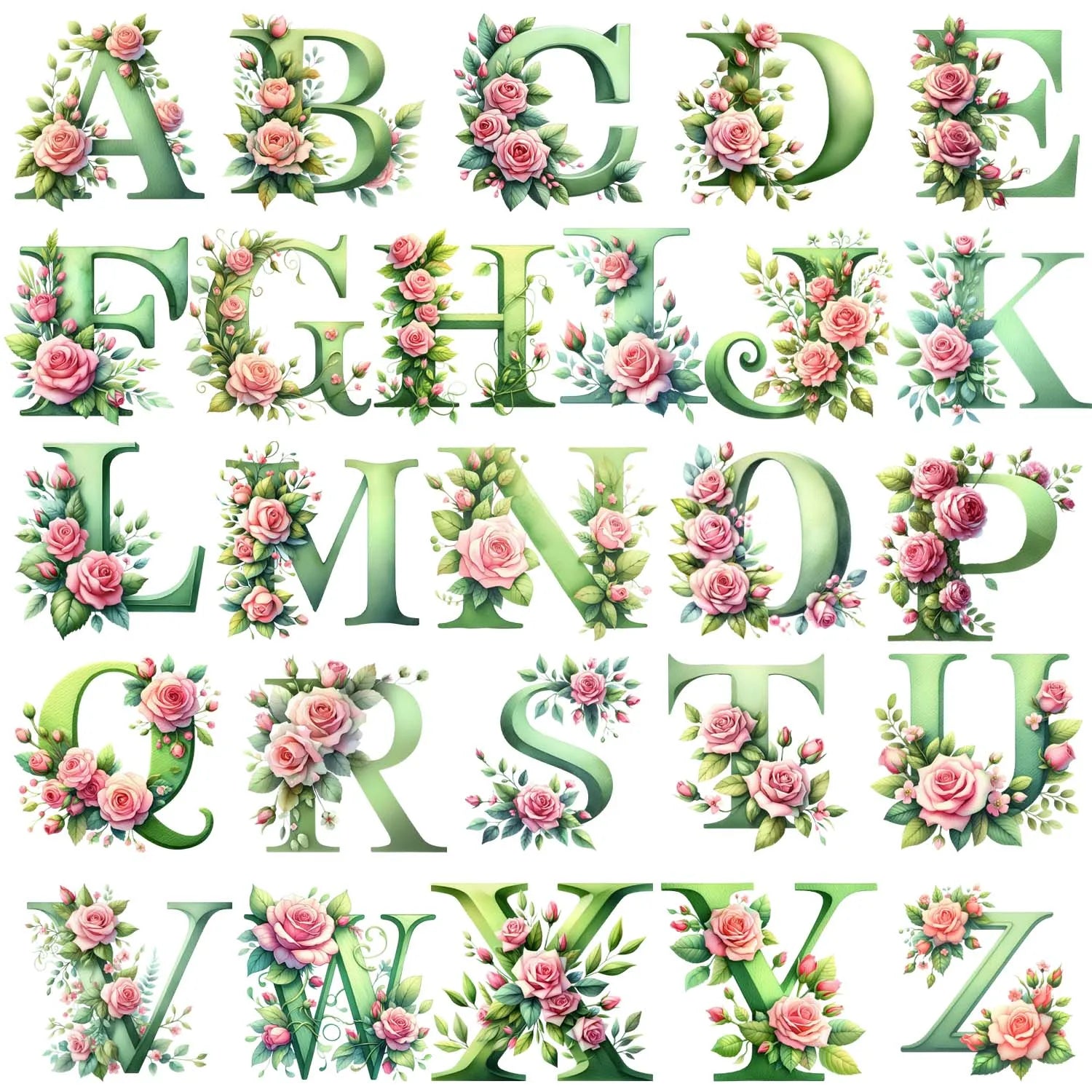 1 set of A~Z letter flower UV DTF transfer stickers, waterproof wipe transfer stickers, suitable for glasses