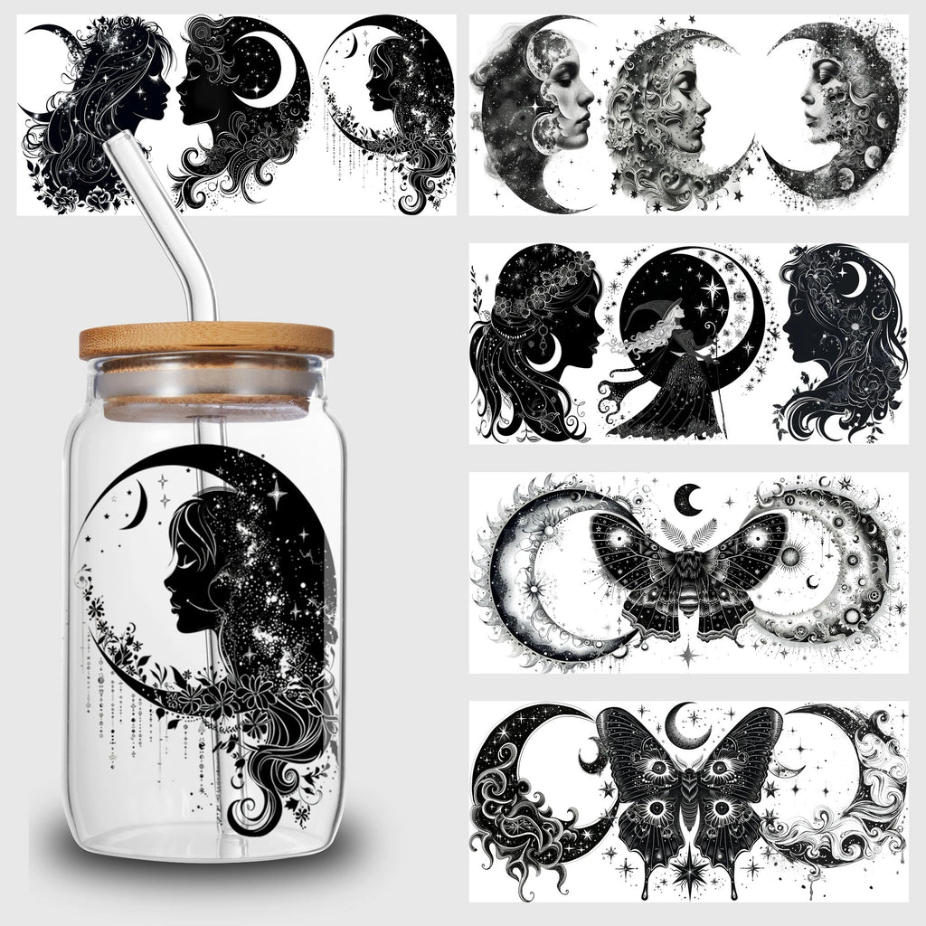 5 sheets Moon Witch UV DTF Cup Stickers, DTF Transfer Stickers, Waterproof Wipe-Off Transfer Paper for 16oz Glass, Mug, Crafts