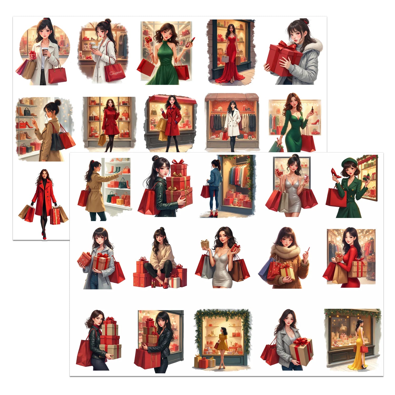 30Pcs/Set Irregular Christmas Shopping Time Lady Waterproof Stickers Reusable/No Residue DlY Craft Decoration Scrapbooking Label