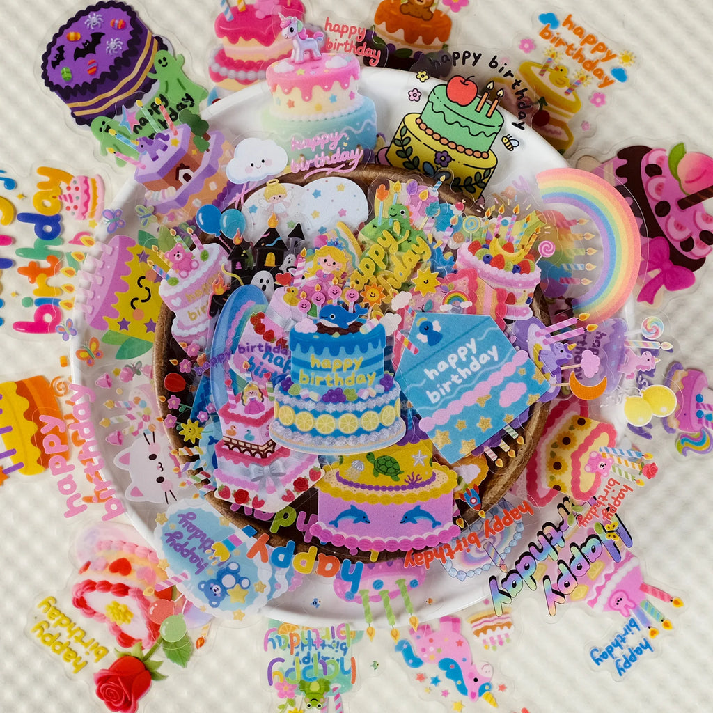 56PCS Cartoon Birthday Cake Transparent PET Stickers Children's Birthday Gifts Waterproof Decoration Stationery Notebook Sticker