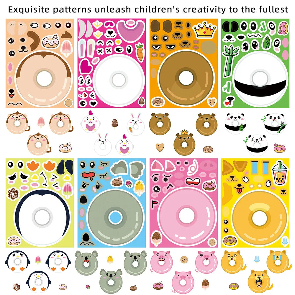 8/16/24Pcs Cartoon Animal Donut Make A Face Puzzle Stickers Stationery Decals Notebook Phone Laptop Fridge Luggage Sticker