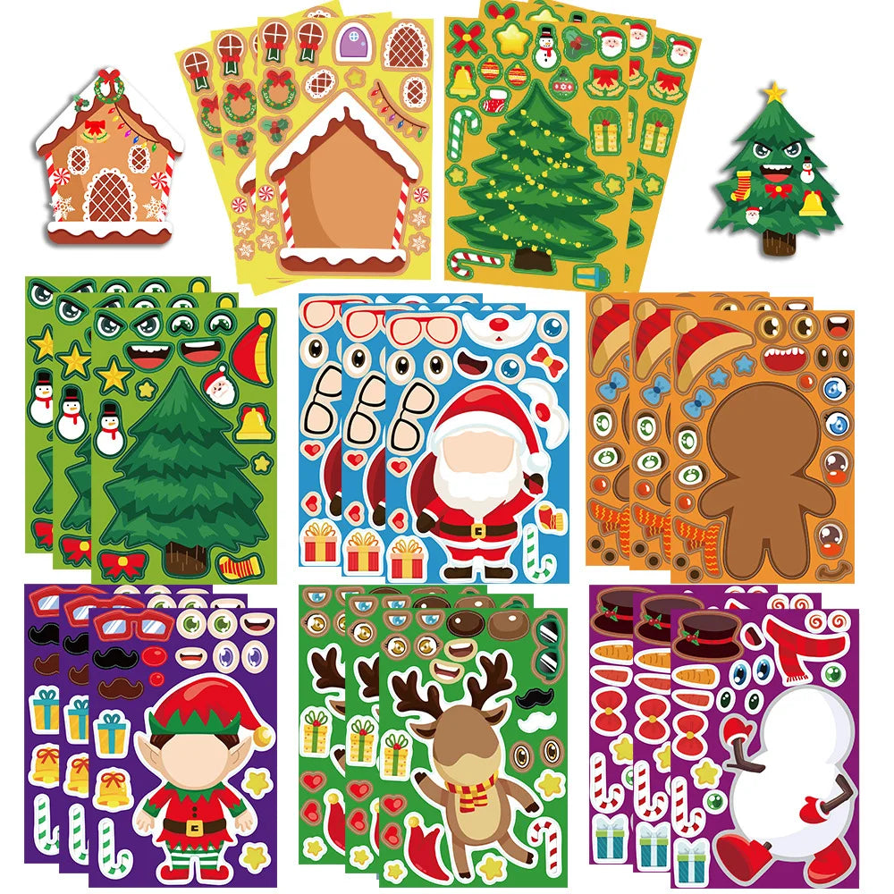8Pcs Puzzle Cartoon Christmas Snowman Party Make a Face Stickers Handicrafts Waterproof Stickers