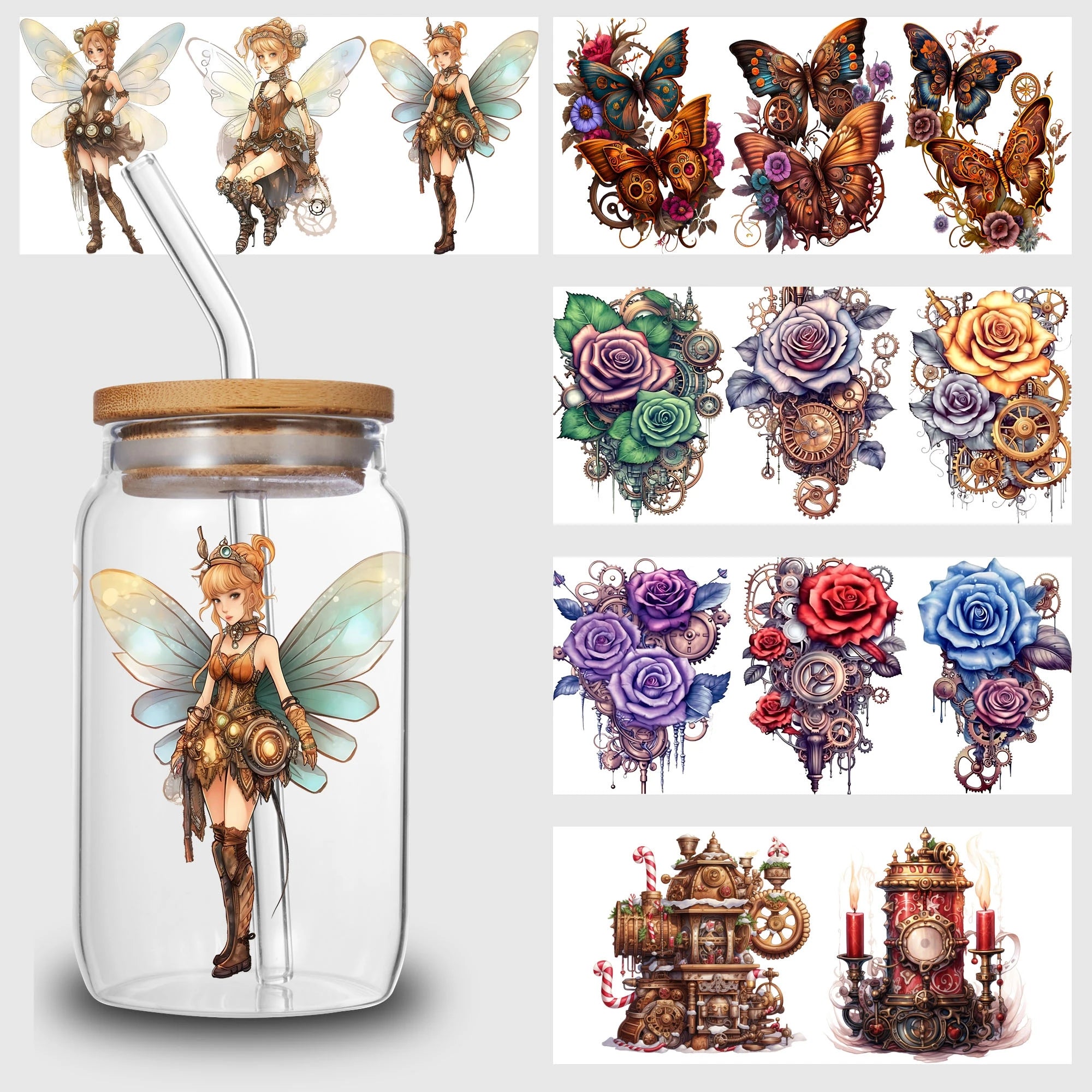 q5 sheets Steampunk UV DTF Cup Stickers, DTF Friction Transfer Stickers, Waterproof Cartoon Transfer Stickers for 16oz Glass Cup