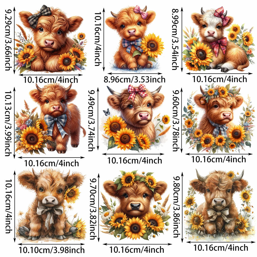 9 sheets Highland Cattle Animal Theme Iron-On Decals T-Shirt Heat Transfers for DIY, Funny, Sunflower, T-shirts, Masks, Jeans
