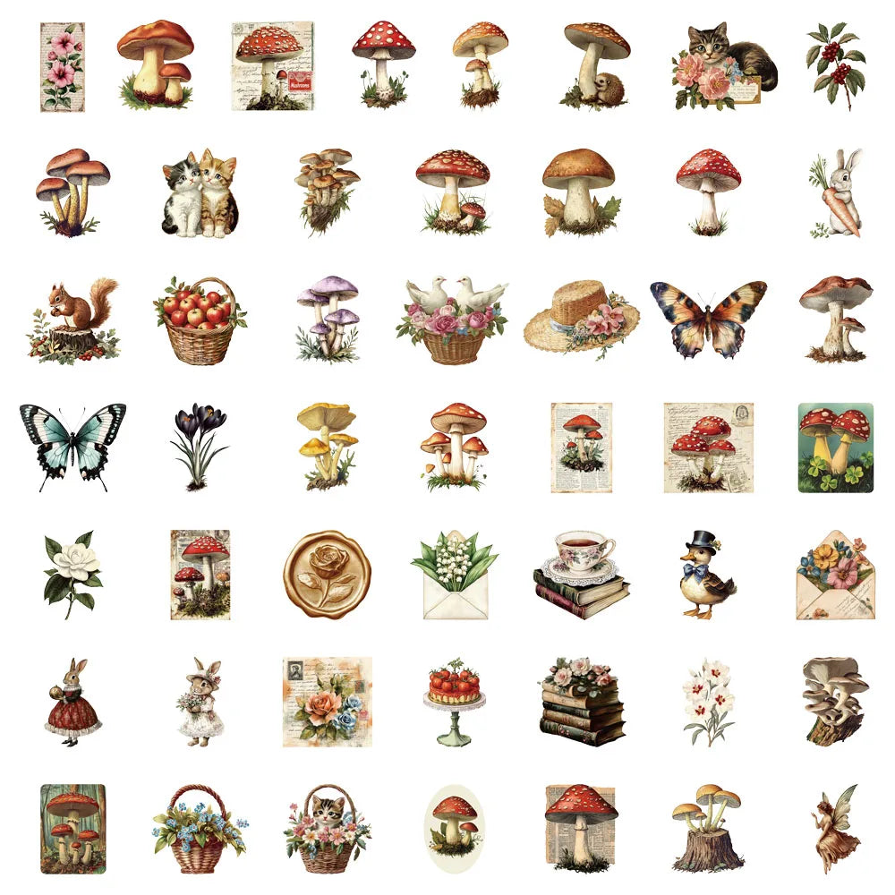 50PCS Retro Mushroom Fun Graffiti Stickers Handmade Account DIY Luggage Tablet PET Waterproof Toy Stickers