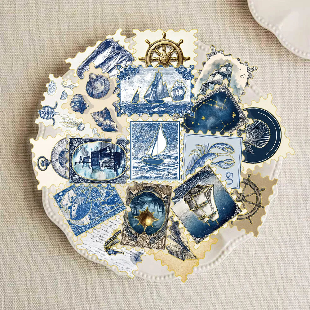 50PCS Composite Marine Blue Stamp Decoration Stickers Computer Scrapbook Refrigerator Phone Case Decoration Hot Stamping Sticker