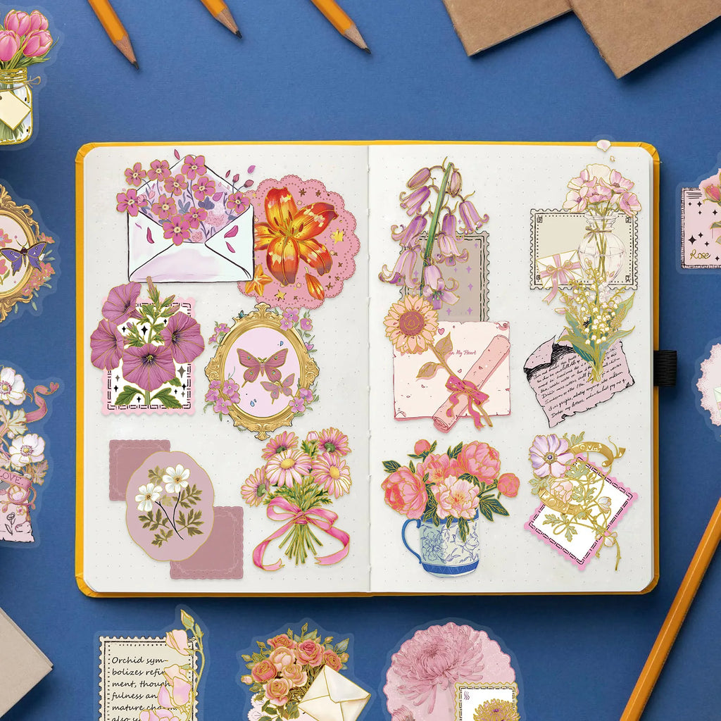 50/100PCS Cartoon Flower Heart Language Sticker Pack Waterproof Transparent PET Decorative Guitar Notebook Hot Stamping