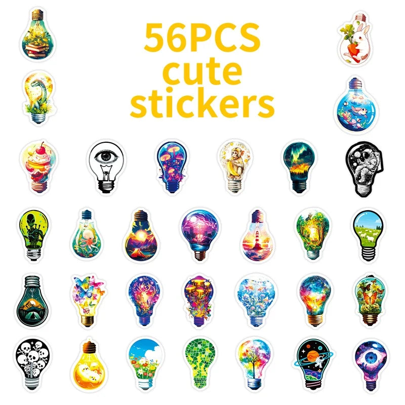 10/30/56PCS Cartoon Light Bulb World PVC Sticky Stickers Aesthetic DIY Colored Phone Laptop Luggage Skateboard Graffiti Decals