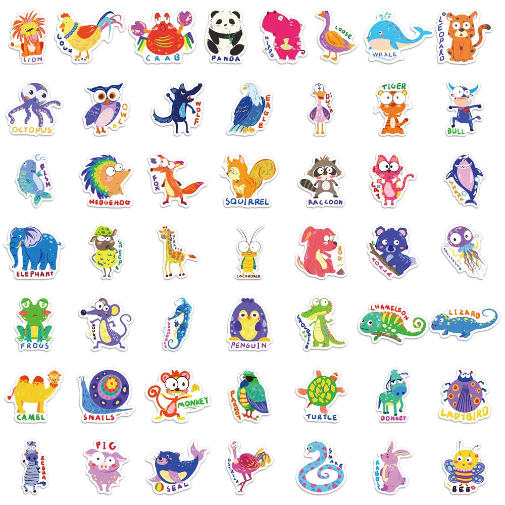 50PCS Children's English Cartoon Animal Graffiti Stickers DIY Luggage Laptop Tablet Speaker Decoration Stickers