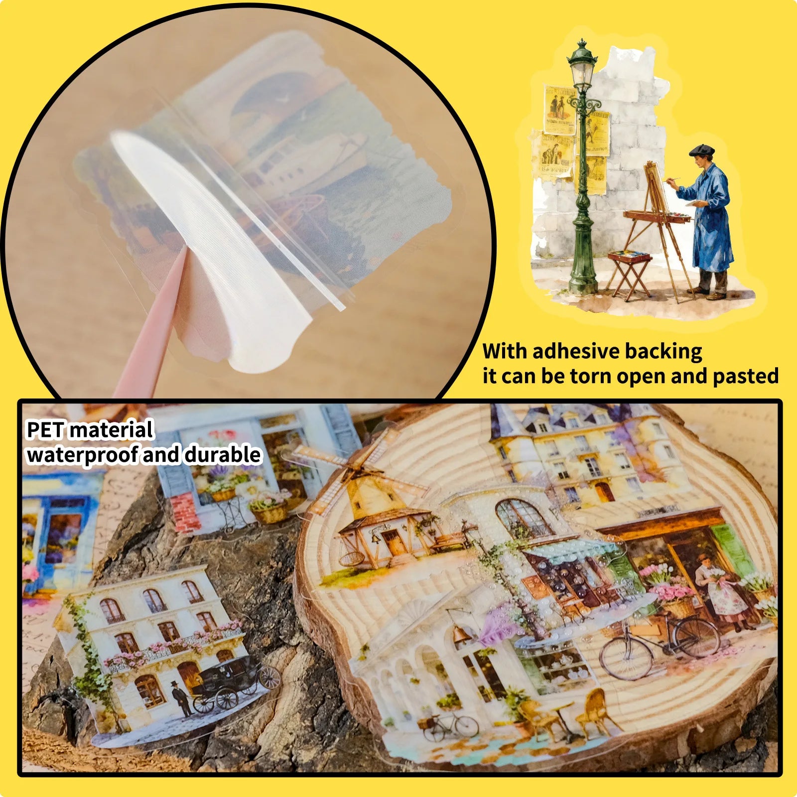 56PCS European Architecture Figure Vintage Street View Stickers, PET Transparent Watercolor Student Stationery Decor Sticker