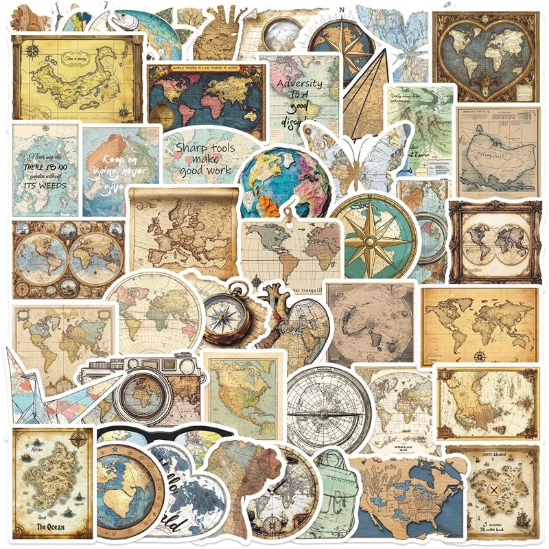 10/30/50PCS Cartoon Vintage Map Sticky PVC Sticker Aesthetic Stationery DIY Decoration Scrapbooking Children's Supplies