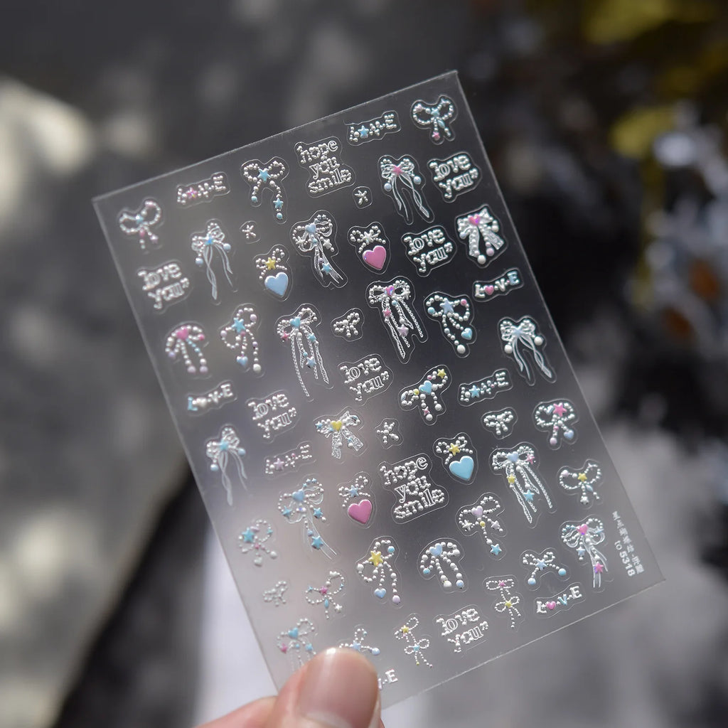 Relief Nail Stickers Elegant White Tie Bowkont Line Design Nails Decorations Stickers DIY Back Blue Manicure Accessories Decals
