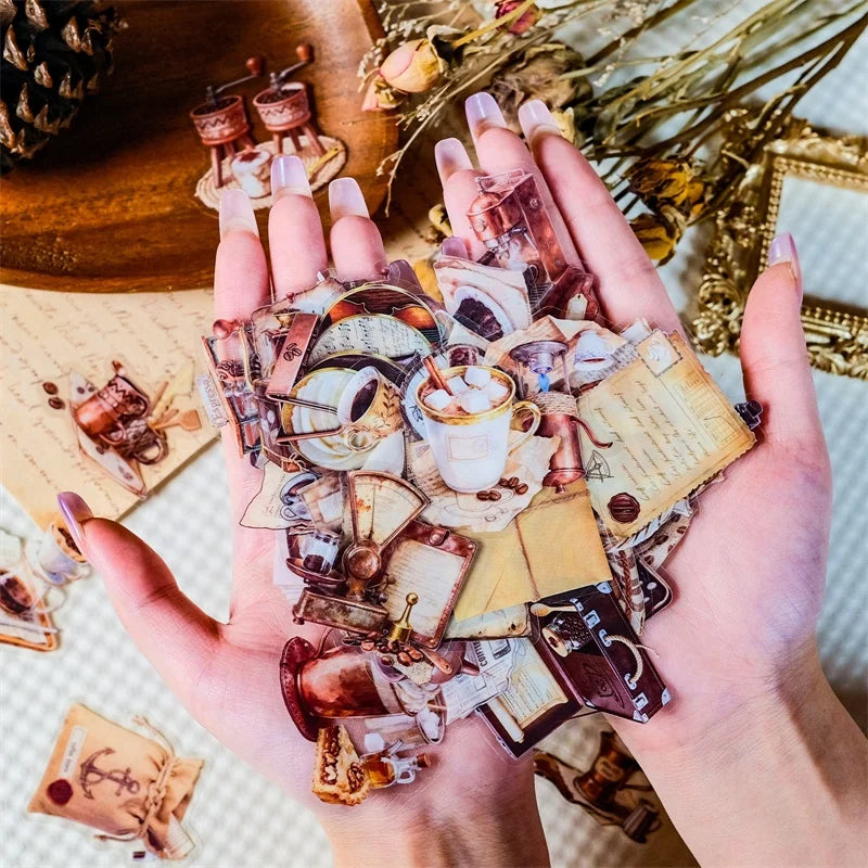 56PCS Vintage Coffee PET Phone Sticker Aesthetic Tear Open Decoration DIY Colored Laptop Luggage Graffiti Decals