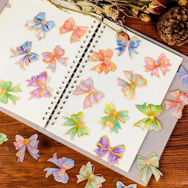56PCS Kawaii Dreamy Bow PET Sticky Sticker Aesthetic Tear Open DIY Decoration Scrapbooking Sketchbook Supplies for Kids