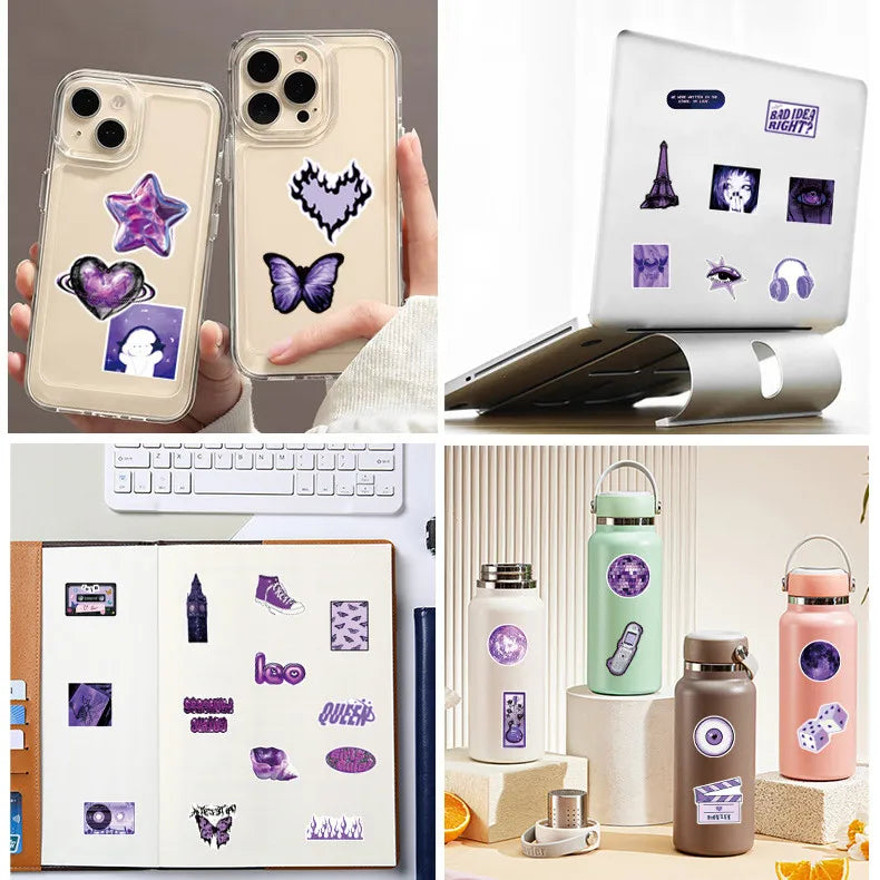 50/100Pcs Purple Y2K Girl Graffiti Sticker Office School Supplies Stationery Decals Trolley Case Scooter Helmet Fridge Stickers