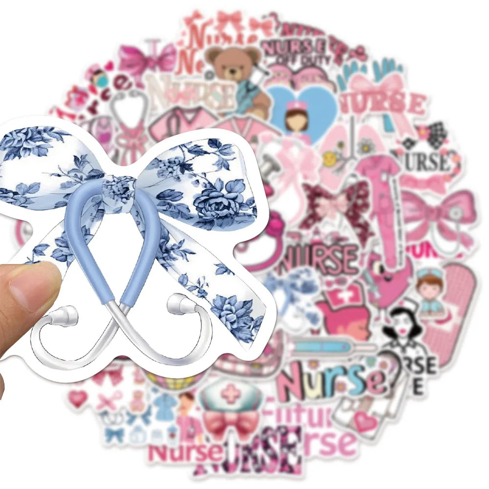 50PCS Pink Bow Nurse Creative DIY Stickers Sketchbook Handmade Mobile Luggage Skateboard Waterproof Stickers