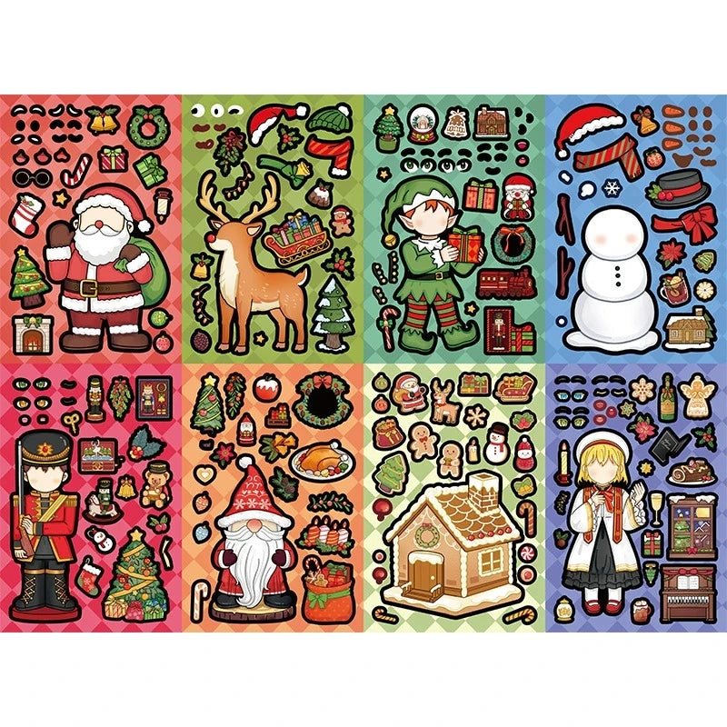 8/16/24PCS Cartoon Christmas Elk Santa Claus Stickers DIY Toy Puzzle Make a Face Graffiti Waterproof Stickers