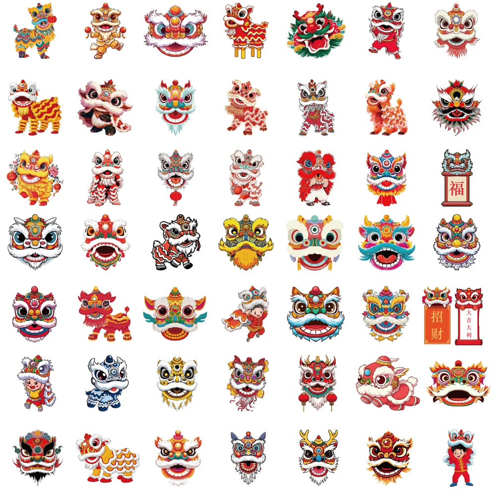50PCS Lion Dance for New Year Decoration Stickers Notebook Chinese Style Motorcycle Fashion Luggage Art Laptop Graffiti Sticker
