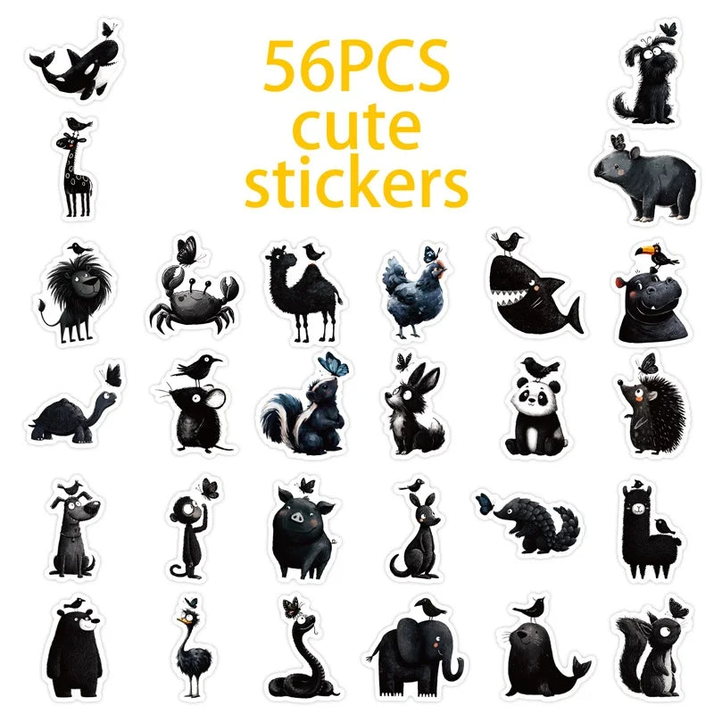 10/30/56PCS Cartoon Black Animal PVC Sticky Sticker Aesthetic Colored Children's DIY Decoration Scrapbooking School Supplies