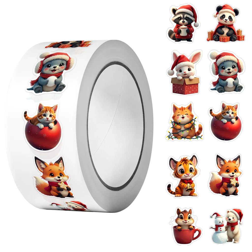 1Roll(500Pcs)10 Irregular Loveable Christmas Animals Stickers 2.5cm/1'' DlY Craft Decor Festival Sealing Scrapbook Labels