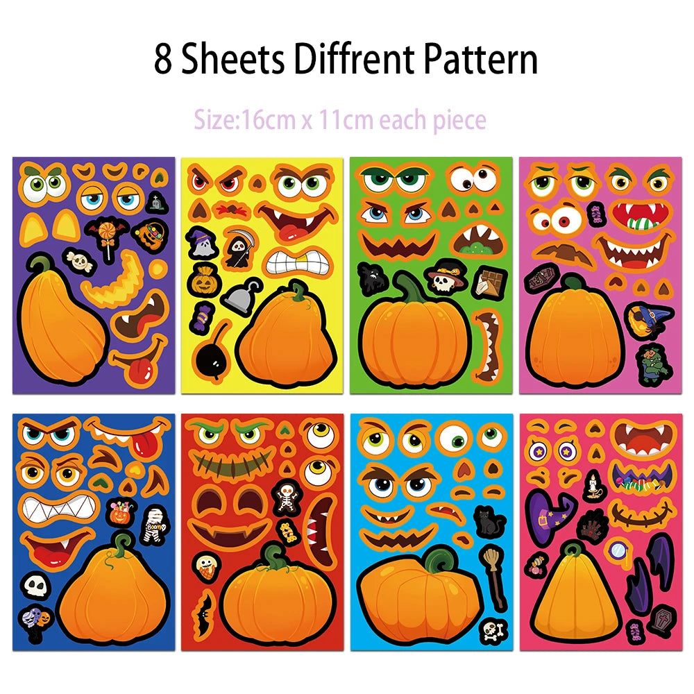8PCS Halloween Fun and Funny Pumpkin Head Creative Collage DIY Manual for Phone Cases, Tablets, Water Cups, Decorative Stickers