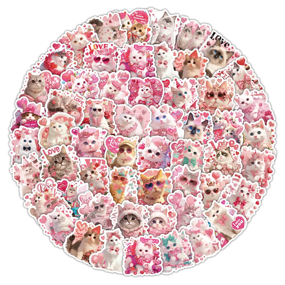 50-Pack Pink Valentine's Day Cat Doodle Stickers Waterproof Cute Decorations for Water Bottle Guitars Mobile Tablet Luggage