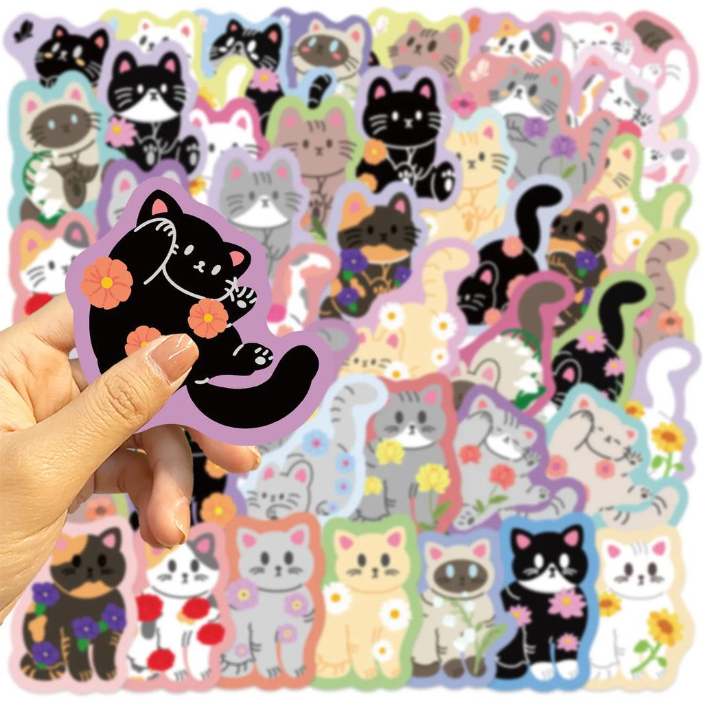 50/100PCS Colorful Edge Flower Cat Cartoon Image Graffiti Stickers Trolley Box Diary Waterproof Stationery Decorative Sticke