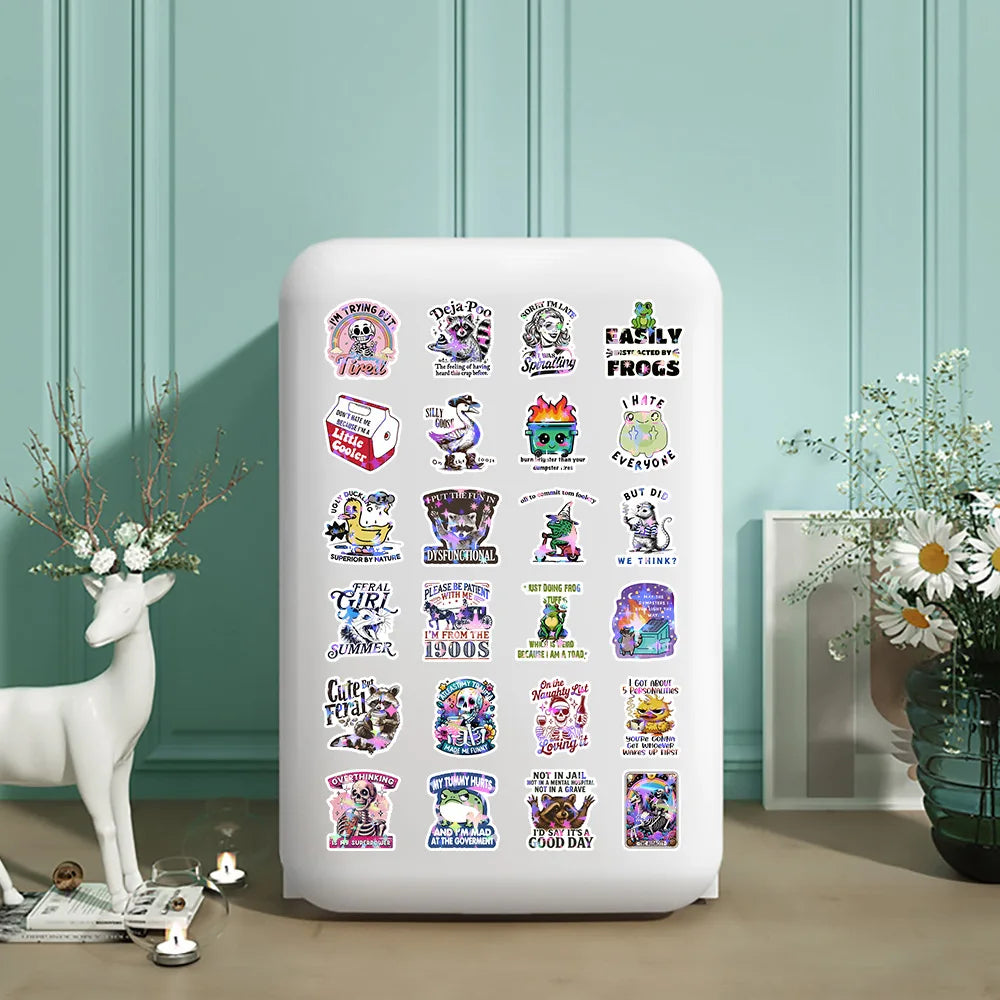 50/100 Pcs HD Holographic Funny Animal Quote Stickers DIY for Phone Notebook Lunch Box Helmet Bicycle Envelope No Trace Decals