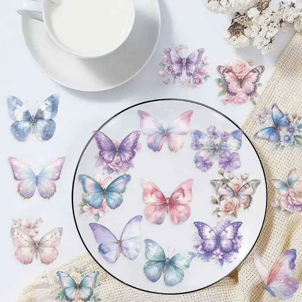 50PCS Butterfly Stickers Packaging Transparent PET Brochure Flower Material Decoration Tablet Laptop Waterproof Stickers