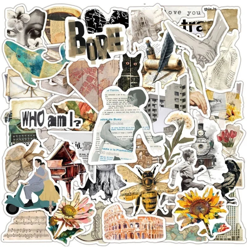 10/30/50PCS Vintage Artistic Sticky PVC Sticker Aesthetic Stationery DIY Decoration Scrapbooking Children's School Supplies