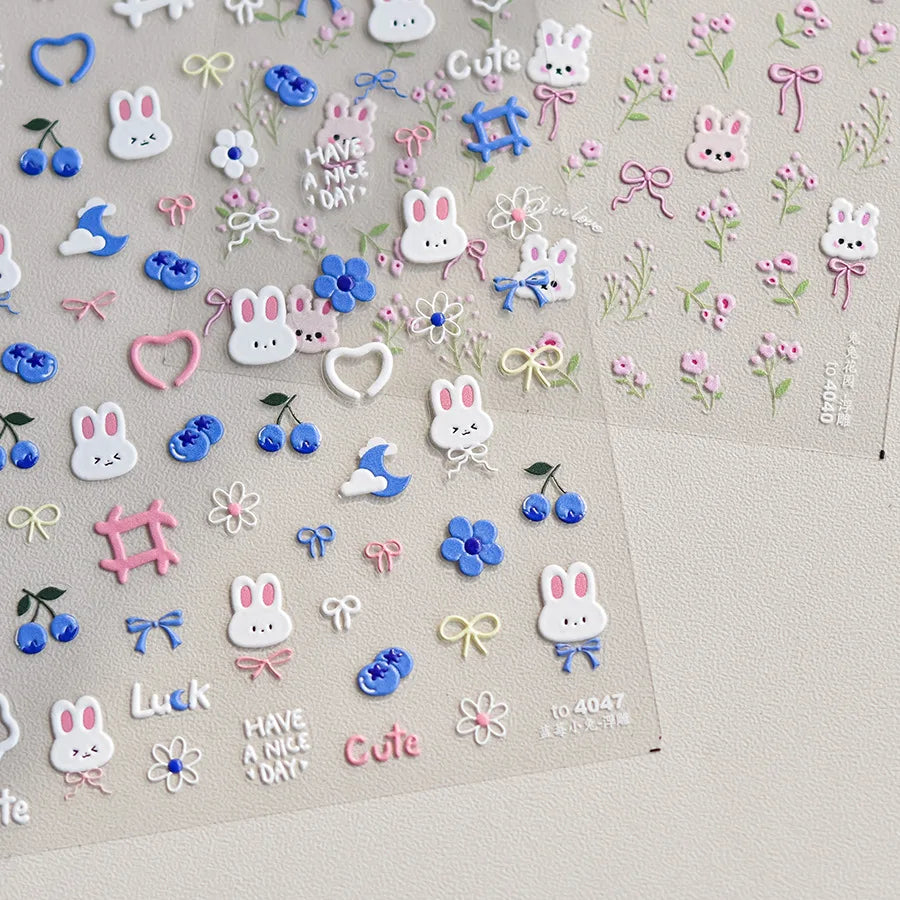 1pcs 5D Kawaii Rabbit Nail Stickers Embossed Cartoon Pink Blue Flower Adhesive Nail Art Decorations Decals Slider DIY Accessory